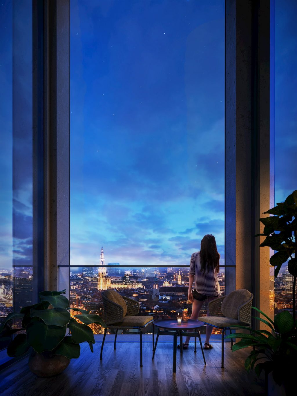 Spectacular bluish night view interior rendering glass window