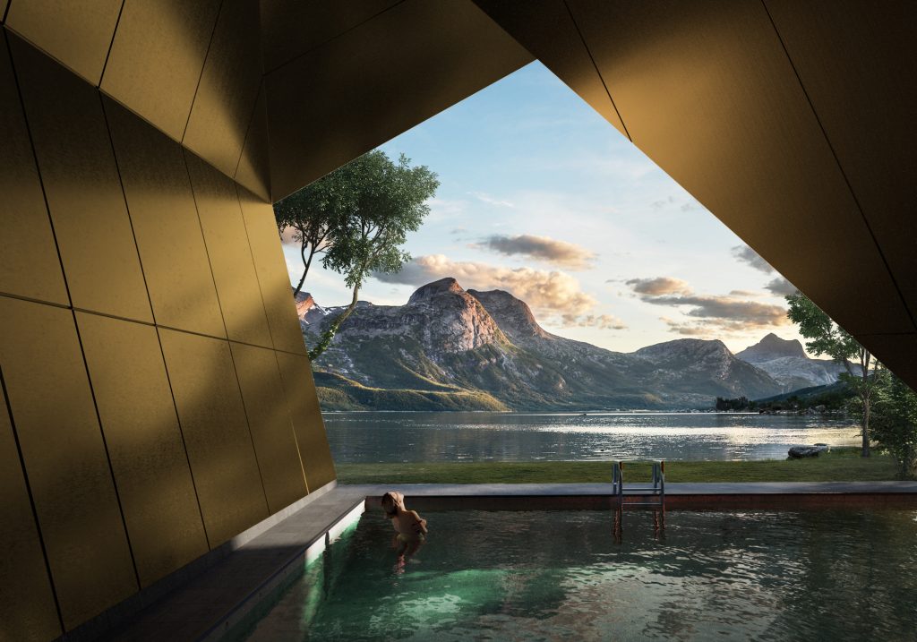Gold material pool mountain lake architectural visualization