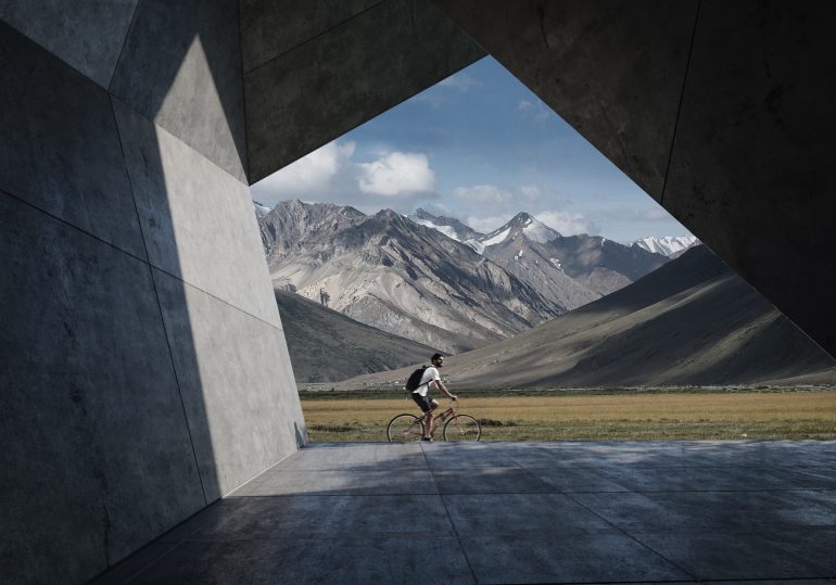 Mountain biking concrete architectural visualization matte painting