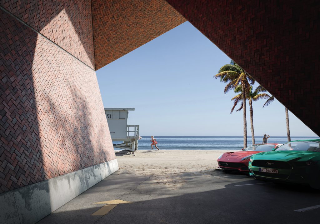Sea sand beach sport car architectural visualization matte painting